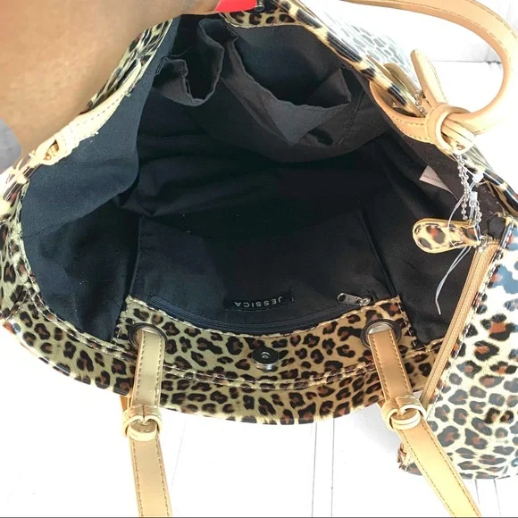 NWOT JESSICA ANIMAL PRINTS LARGE BROWN TOTE SHOULDER BAG TAN STRAP COSME… - Picture 7 of 8